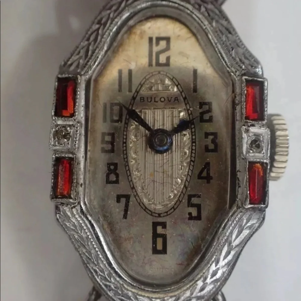1920 Art Deco Bulova Watch with Ruby Bejeweled Case and Authentic Box